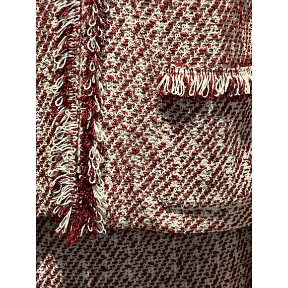 Vtg St John Knit Size 2 Skirt Suit Red & White Tweed Fringed Jacket Full Zip - Picture 7 of 16